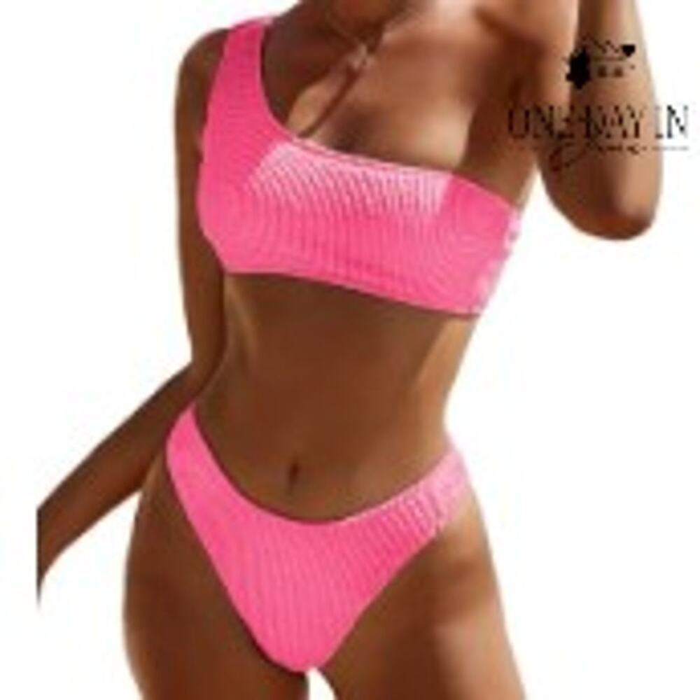 CharmLeaks Smocked One Shoulder Bikini Swimsuit Size L